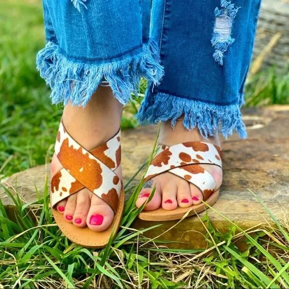 Very G Annie Seaside Cow Print Double Cross Strap Vegan Animal Fur Sandal Slides - Picture 9 of 9